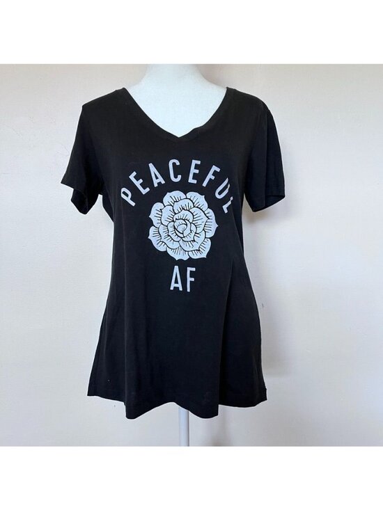 Next Level Tops - Womens Peaceful AF Graphic Fitted Tee Black Whimsical Boho Yoga Tee Shirt Sz L